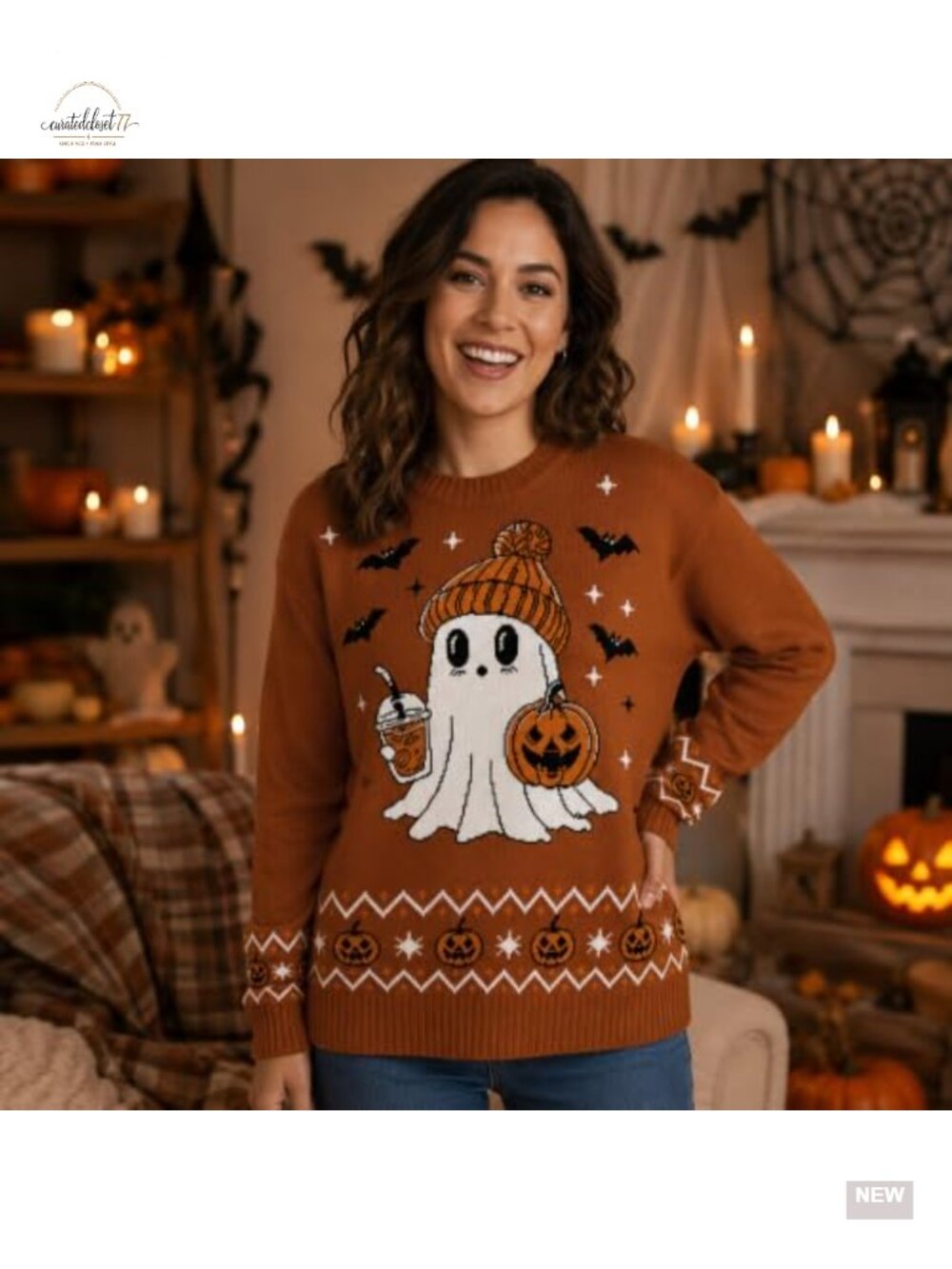 Women's Halloween Ghost Pumpkin Knit Pullover Sweater Crewneck - Picture 2 of 5